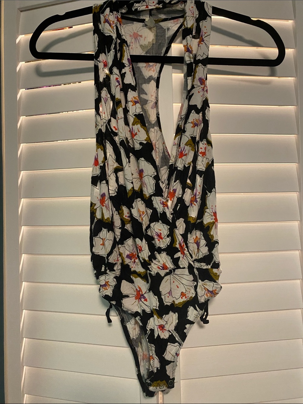 Free People Black Floral Surplice Bodysuit with White & Olive Accents